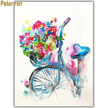 Направи си сам Диамантена картина за бродерия на кръстат бод цвете Квадратна \ Кръгла диамантена мозайка от Планински кристал, Пълна с Диамантени бродерия на Цветя в кошница велосипеди