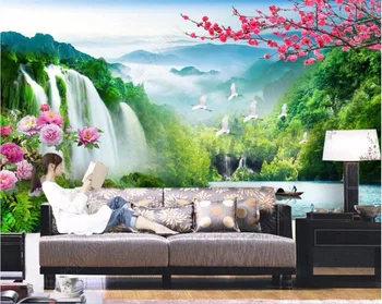 3d стенописи тапети за стените, 3 d тапети Китайски Пейзаж водопад цвете декор стенни рисувани по поръчка на снимка живопис