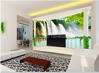 Индивидуални фотообои за хола разтегателен фон украсена стая балкон водопад стенопис